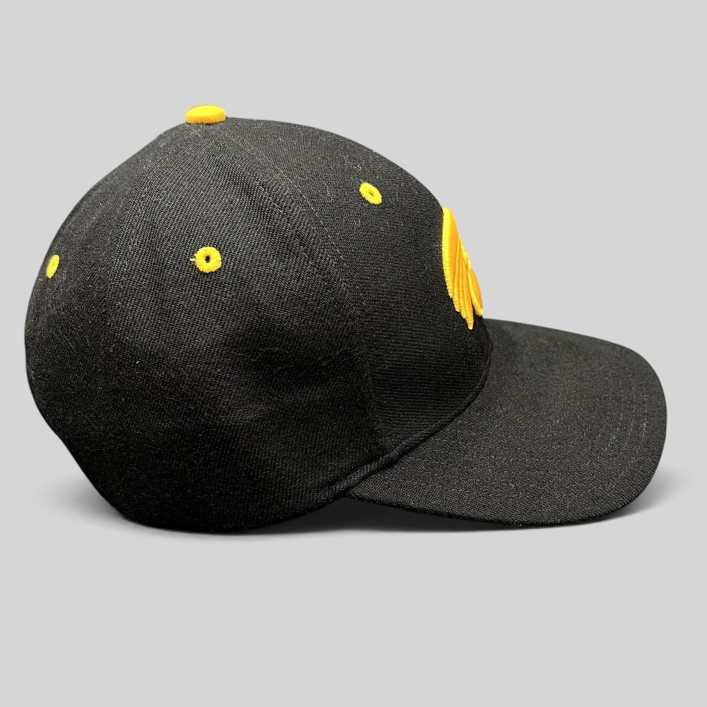 Raree Finds vintage Nike Iowa Hawkeyes strapback hat in black cotton twill with gold embroidered logo and details.