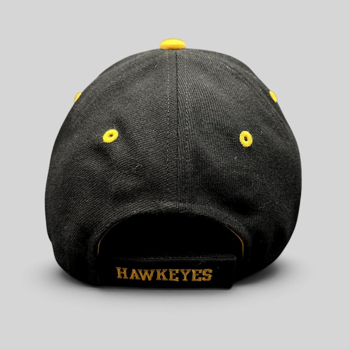 Raree Finds vintage Nike Iowa Hawkeyes black cotton strapback hat with gold embroidered Hawkeyes logo on back strap