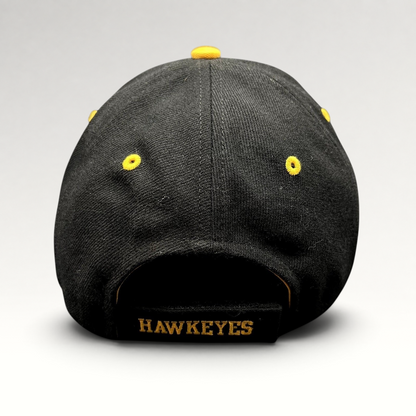 Raree Finds vintage Nike Iowa Hawkeyes black cotton strapback hat with gold embroidered Hawkeyes logo on back strap