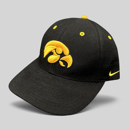 Raree Finds vintage Nike Iowa Hawkeyes strapback hat in black cotton twill with gold embroidered team logo and swoosh.