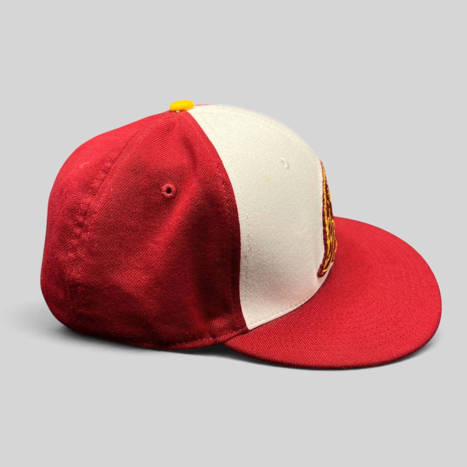 Raree Finds vintage Nike USC Trojans fitted hat in red and white with yellow button and Trojan helmet embroidery