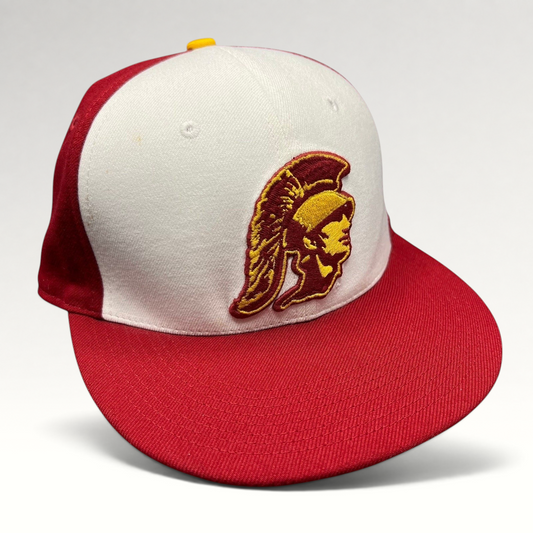 Raree Finds vintage Nike USC Trojans fitted hat with cardinal and gold Trojan helmet logo on a white and red cap.