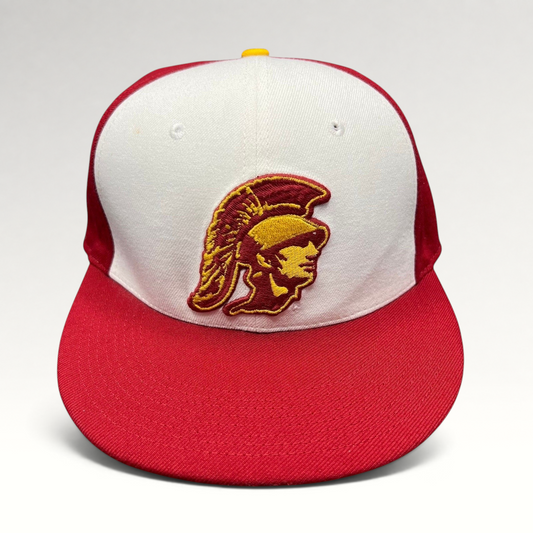 Raree Finds vintage Nike USC Trojans fitted hat with cardinal and gold Trojan helmet logo on a white and red cap
