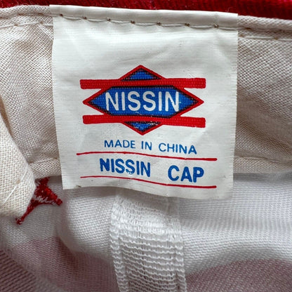 Raree Finds vintage Nissin Cap interior label showing Made in China branding on white cotton fabric
