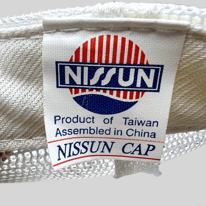 Raree Finds vintage Nissun Cap label inside a white Rockstar Energy Drink trucker hat with mesh detailing