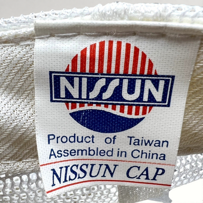Raree Finds vintage Nissun Cap label inside a white Rockstar Energy Drink trucker hat with mesh detailing