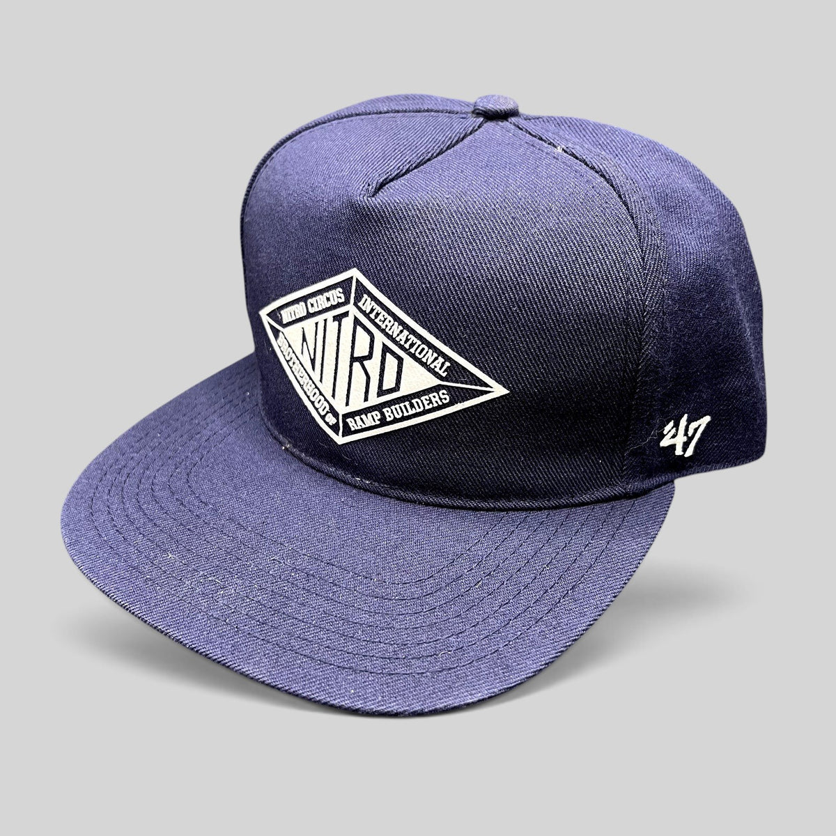 Raree Finds 47 Brand Nitro Circus navy blue snapback hat with white Brotherhood of Ramp Builders diamond embroidery.
