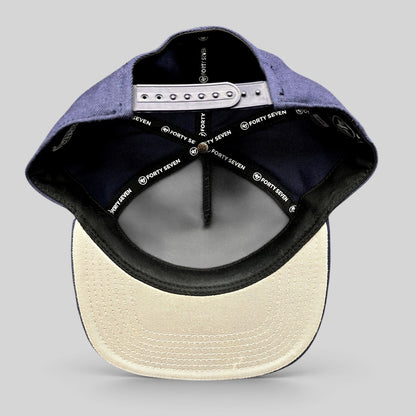 Raree Finds 47 Brand Nitro Circus snapback hat interior view showing navy crown, gray underbill, and branded taping.