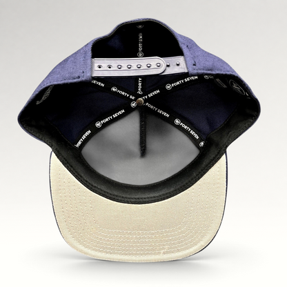Raree Finds 47 Brand Nitro Circus snapback hat interior view showing navy crown, gray underbill, and branded taping.