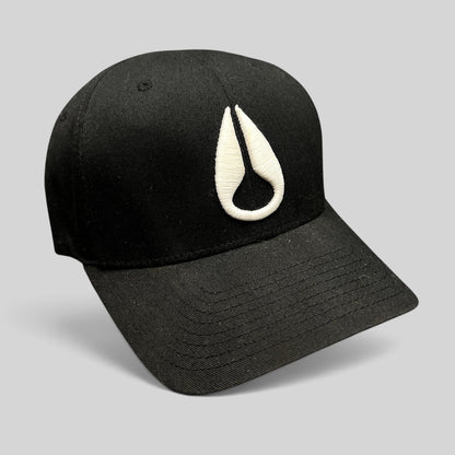 Raree Finds black Nixon Watches Flexfit cap with white embroidered droplet logo on a structured cotton crown