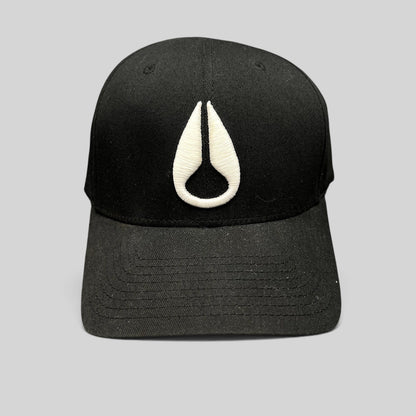 Raree Finds black Flexfit cap featuring a white embroidered Nixon droplet logo on the front crown