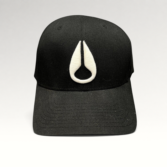 Raree Finds black Flexfit cap featuring a white embroidered Nixon droplet logo on the front crown