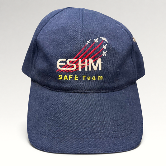 Raree Finds vintage navy blue cotton Northrop Grumman ESHM SAFE Team strapback hat with embroidered aircraft graphics.