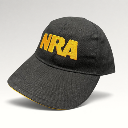 Raree Finds black strapback hat with bold yellow embroidered NRA logo on the front and a curved brim