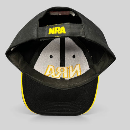Raree Finds black and yellow NRA strapback hat with embroidered logo on the adjustable back strap