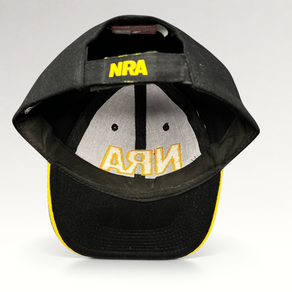 Raree Finds black and yellow NRA strapback hat with embroidered logo on the adjustable back strap