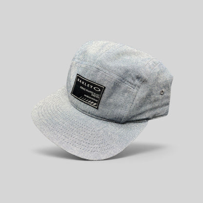 Raree Finds Oakley light denim chambray 5-panel camp cap with black Science Wrapped in Art front patch