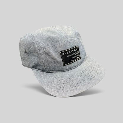 Raree Finds Oakley light denim chambray 5-panel camp cap with black Science Wrapped in Art patch and metal buckle