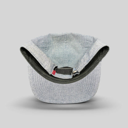 Raree Finds Oakley light denim chambray 5-panel camp cap interior view with adjustable metal buckle strap