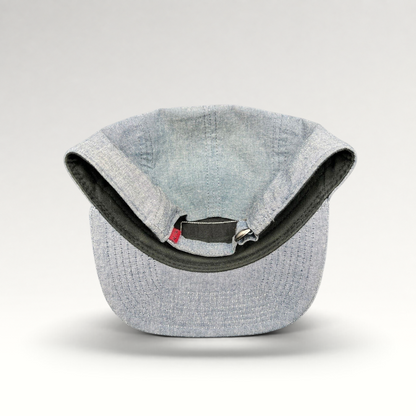 Raree Finds Oakley light denim chambray 5-panel camp cap interior view with adjustable metal buckle strap