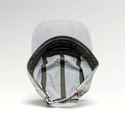 Raree Finds Oakley light denim chambray 5-panel cap interior view showing black taping and adjustable metal buckle