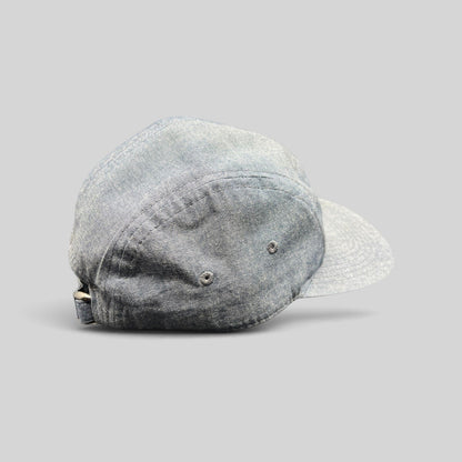 Raree Finds Oakley light denim chambray 5-panel camp cap with metal buckle strap, side view.
