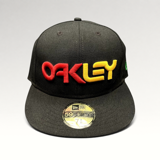 Raree Finds black Oakley New Era 59FIFTY fitted hat with red and yellow 3D embroidered logo and flat bill