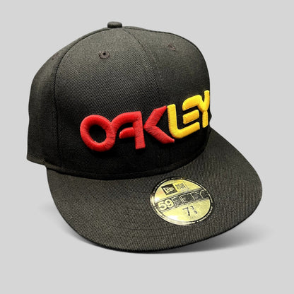 Raree Finds black Oakley New Era 59FIFTY fitted hat with raised red and yellow 3D embroidered logo and flat bill