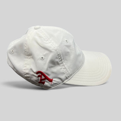 Raree Finds Oakley Hydrolix white performance cap with red embroidered logo and moisture-wicking polyester fabric