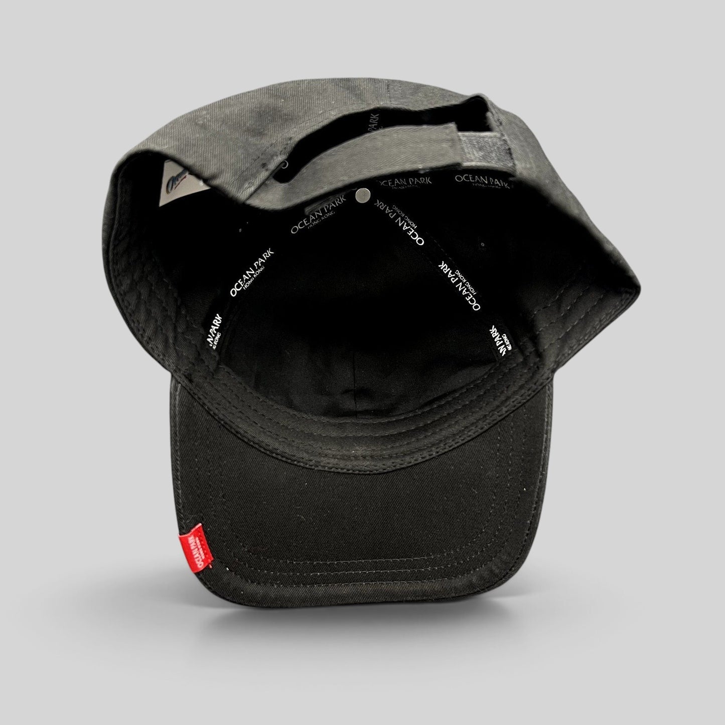 Raree Finds Ocean Park Hong Kong black strapback cap interior showing branded taping and red logo tab on the brim
