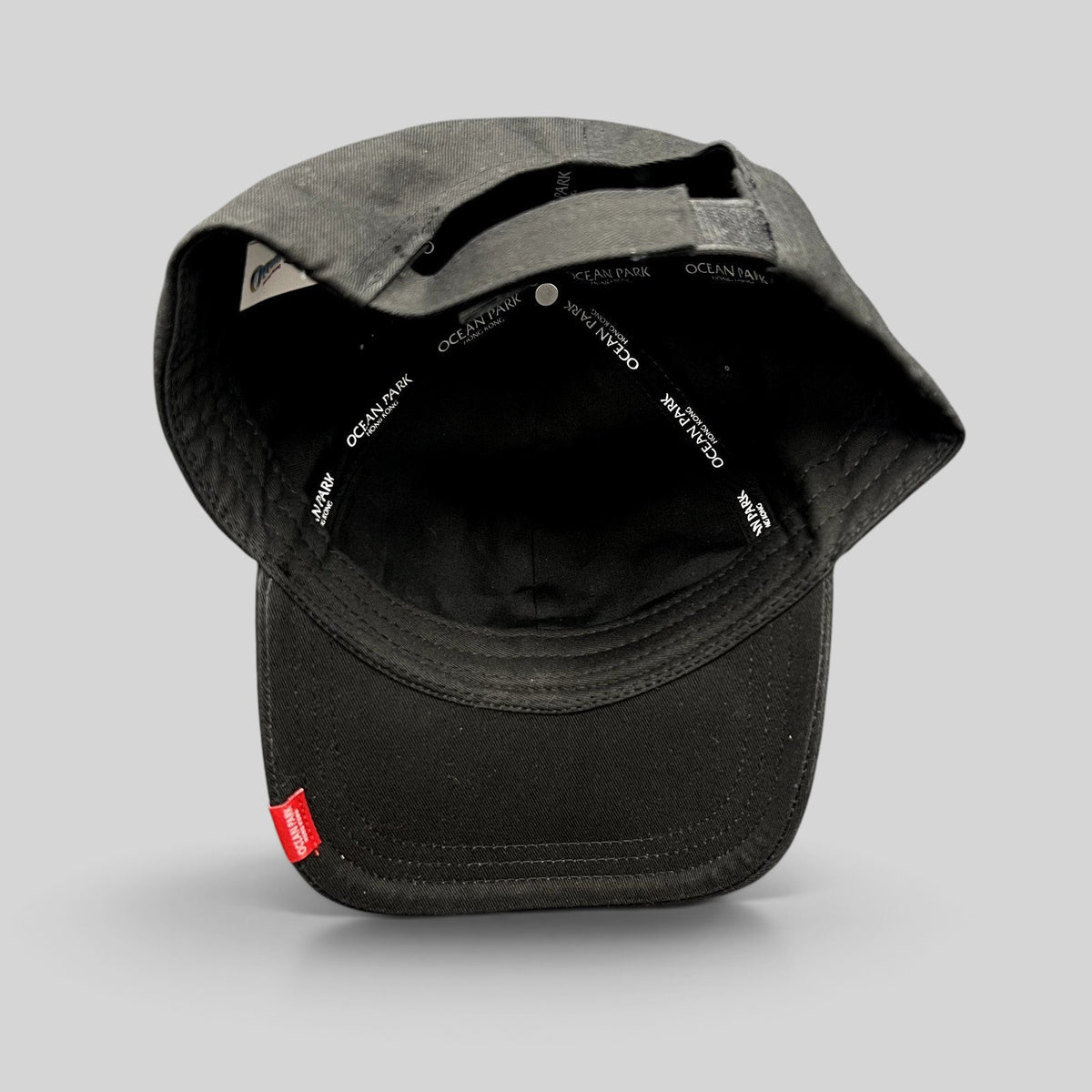 Raree Finds Ocean Park Hong Kong black strapback cap interior showing branded taping and red logo tab on the brim