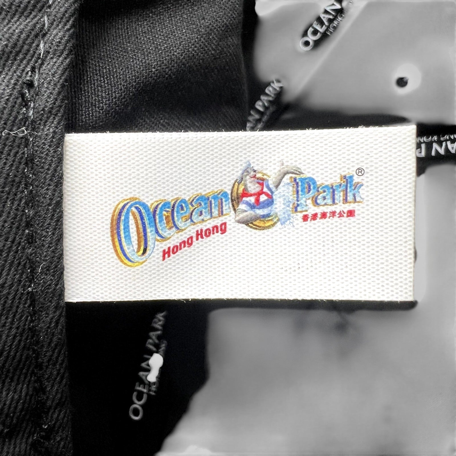Raree Finds Ocean Park Hong Kong souvenir cap interior brand label with logo on black fabric