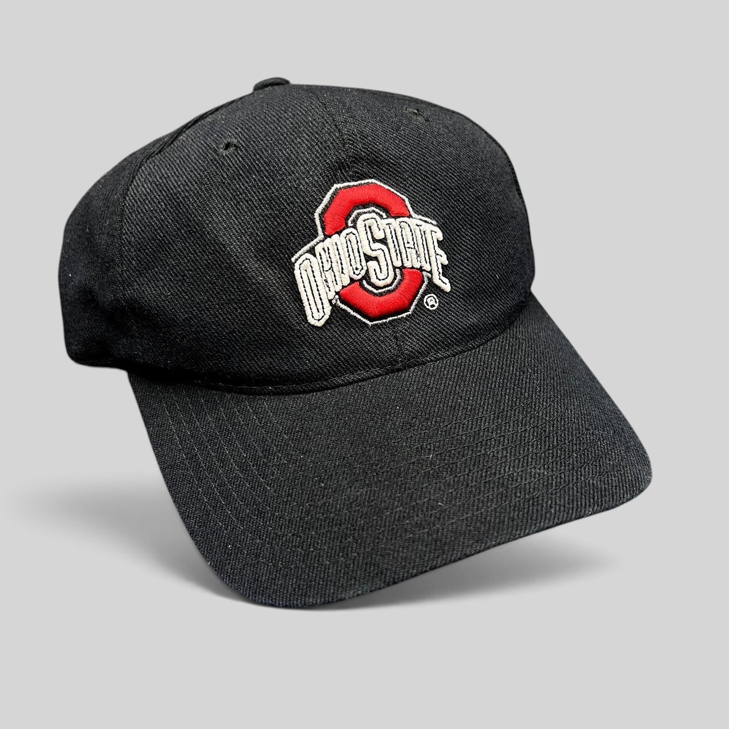 Raree Finds vintage Ohio State Buckeyes black snapback hat with embroidered scarlet and gray logo on structured crown