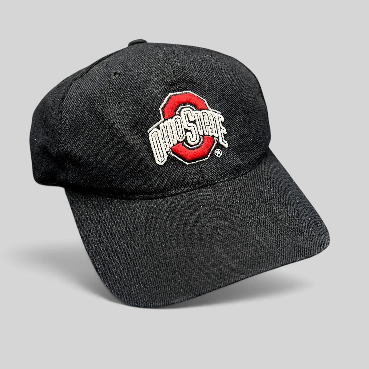 Raree Finds vintage Ohio State Buckeyes black snapback hat with embroidered scarlet and gray logo on structured crown