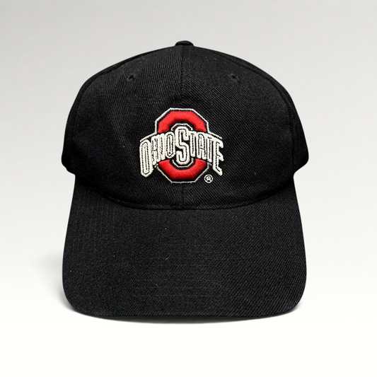 Raree Finds vintage Ohio State Buckeyes black wool-blend snapback hat with embroidered scarlet and gray team logo