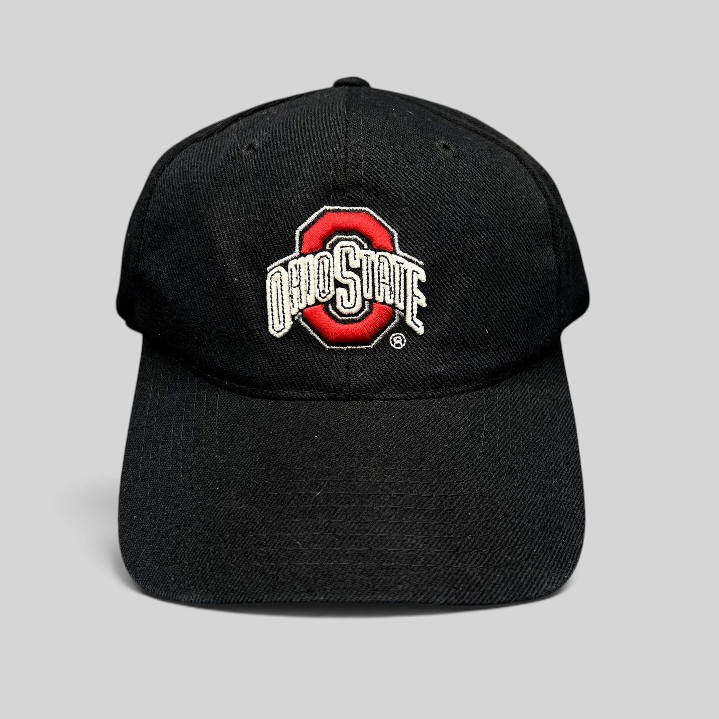 Raree Finds vintage black Ohio State Buckeyes snapback hat with scarlet and gray embroidered logo on structured crown