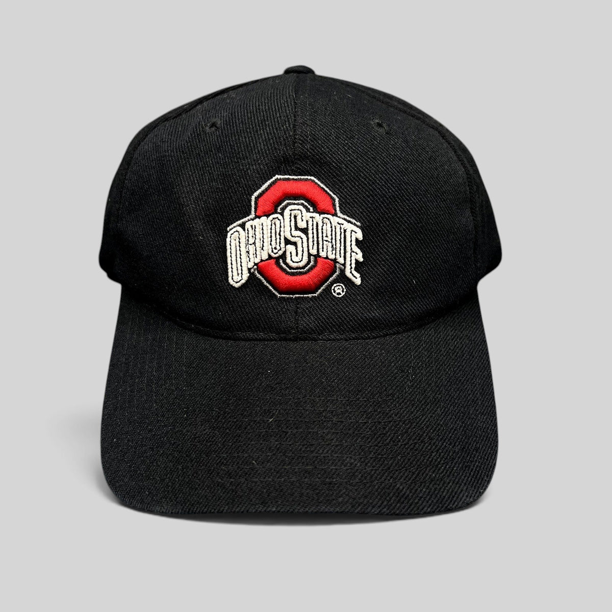 Raree Finds vintage black Ohio State Buckeyes snapback hat with scarlet and gray embroidered logo on structured crown