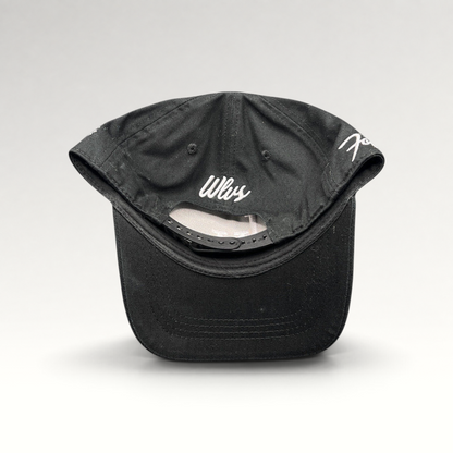 Raree Finds black Okami Brand strapback hat with white Wlvs script embroidery on the back and adjustable strap closure