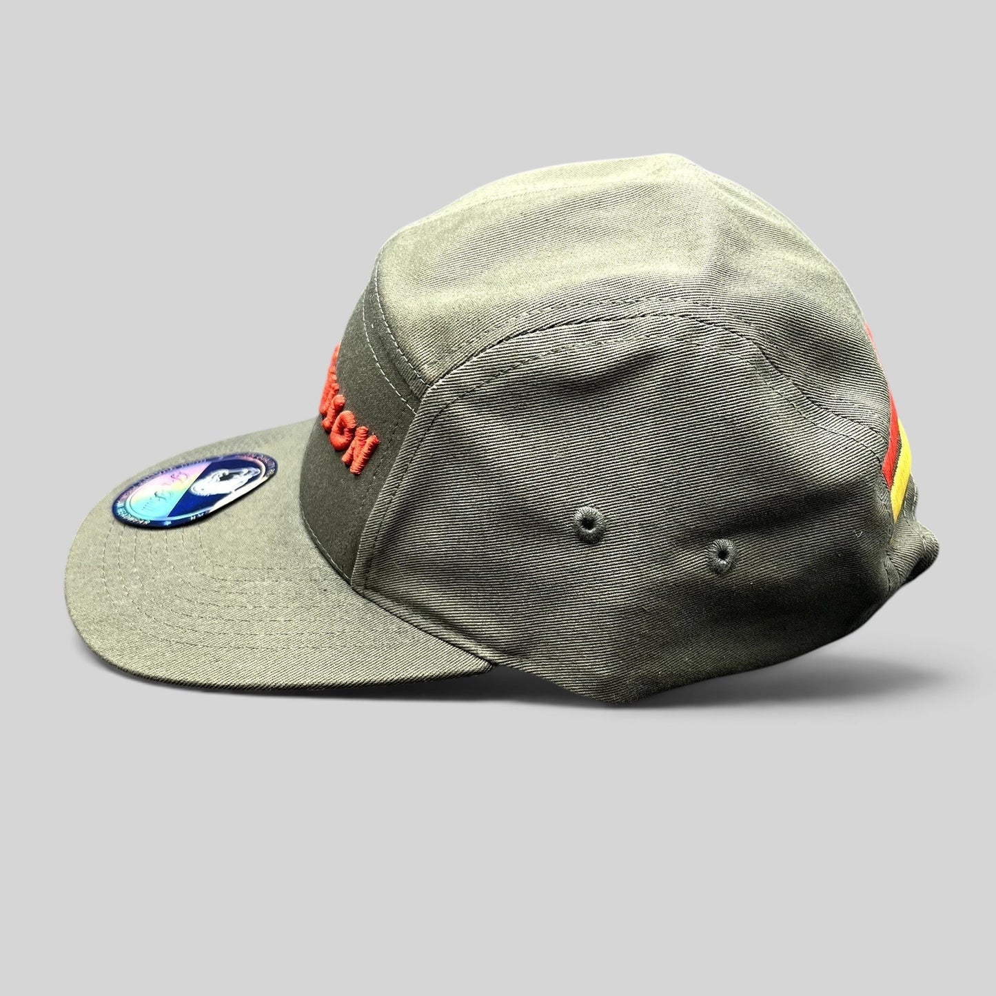 Raree Finds olive green 5-panel strapback hat with red The Slauson embroidery and yellow rear stripe detail.