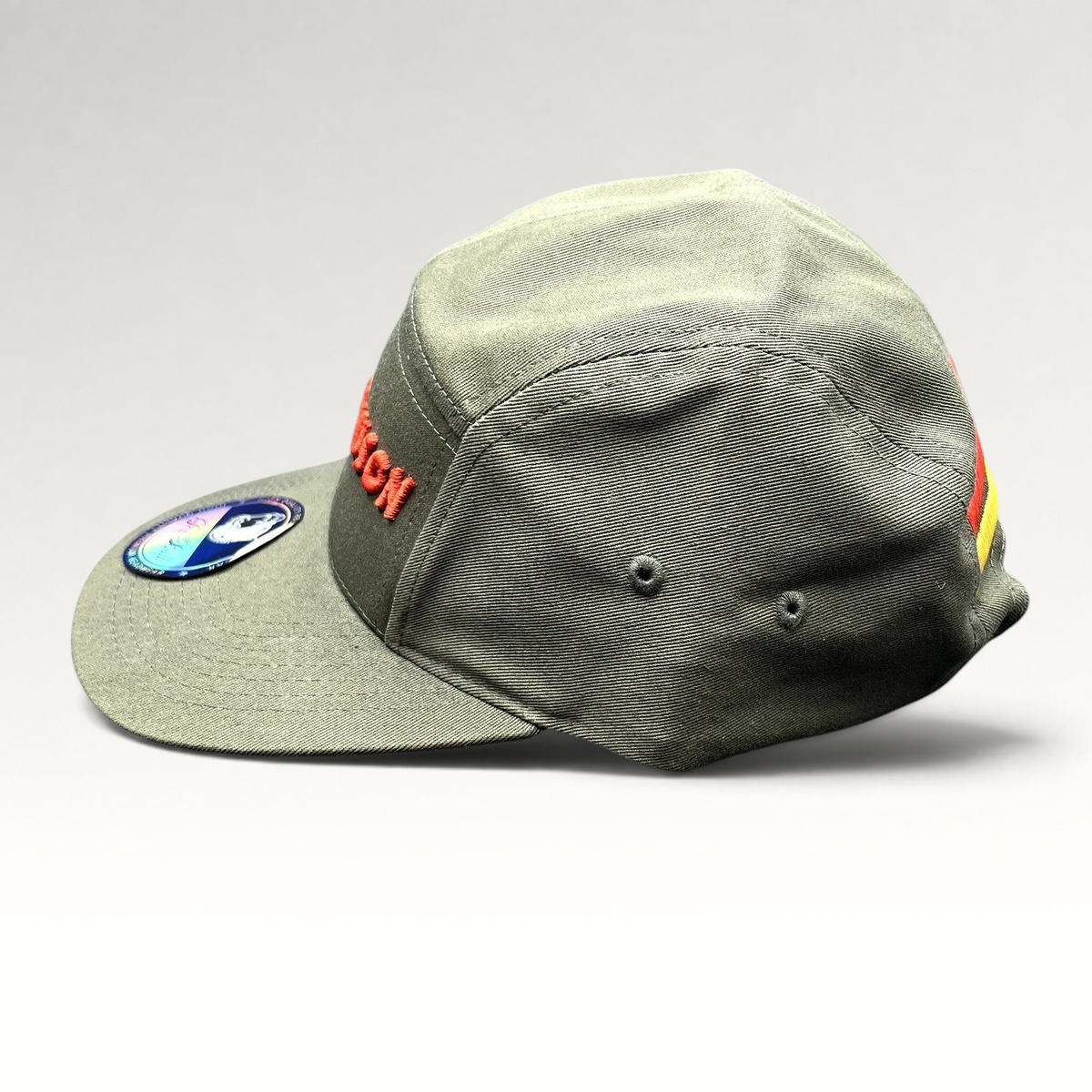 Raree Finds olive green 5-panel strapback hat with red The Slauson embroidery and yellow rear stripe detail.