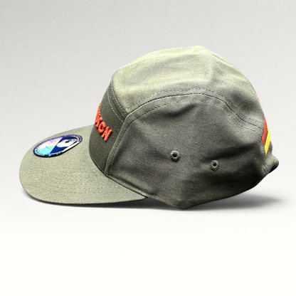Raree Finds olive green 5-panel strapback hat with red The Slauson embroidery and yellow rear stripe detail.