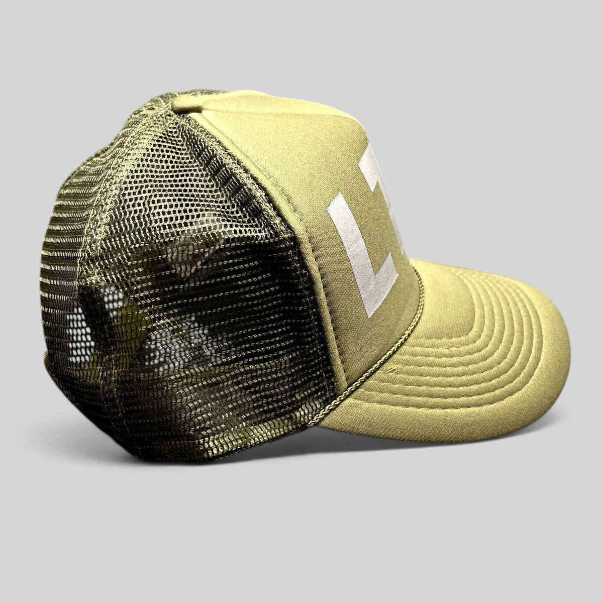 Raree Finds olive green LTD Aspen USA trucker hat with reflective graphic and breathable mesh back panel