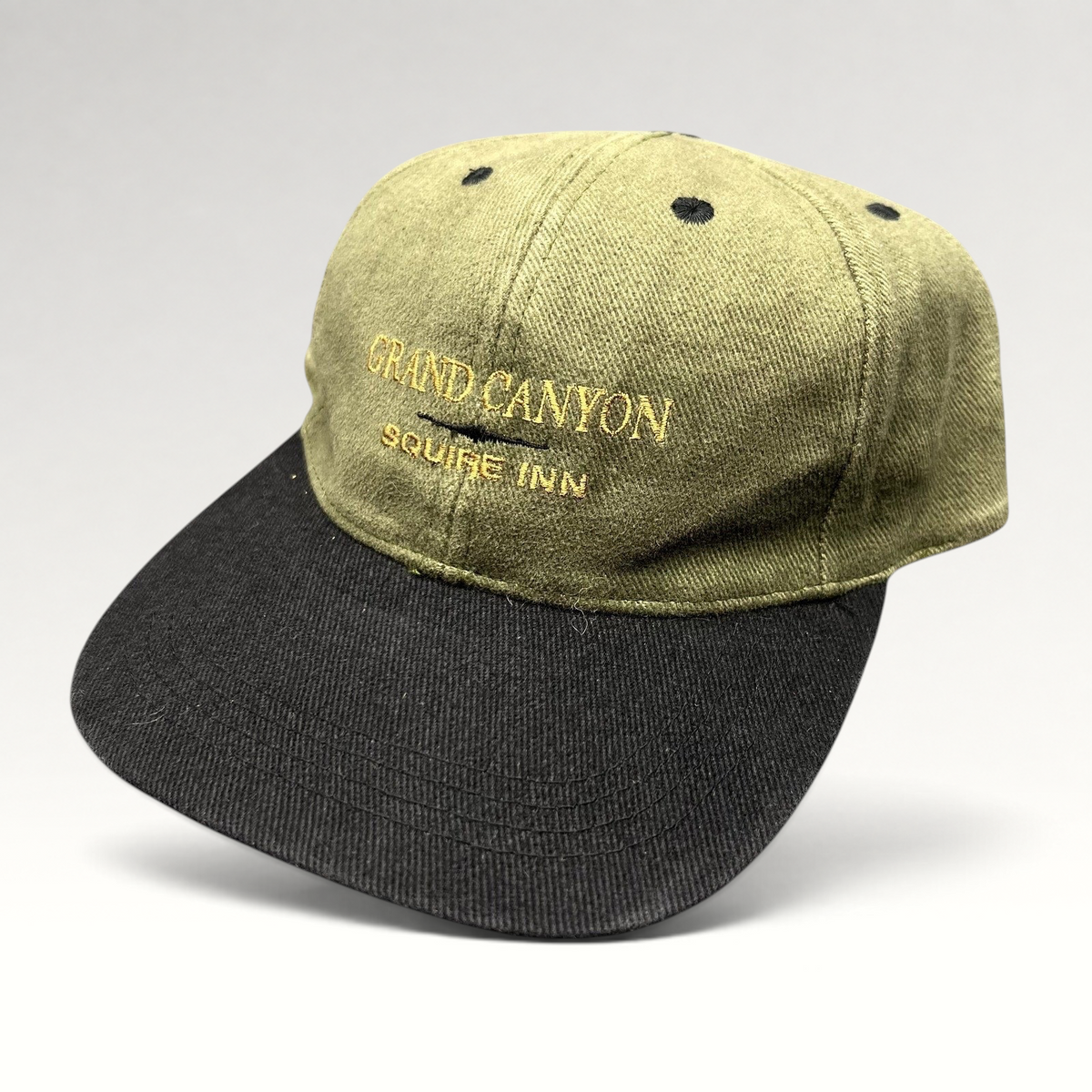 Raree Finds vintage olive green and black cotton strapback hat with Grand Canyon Squire Inn embroidery