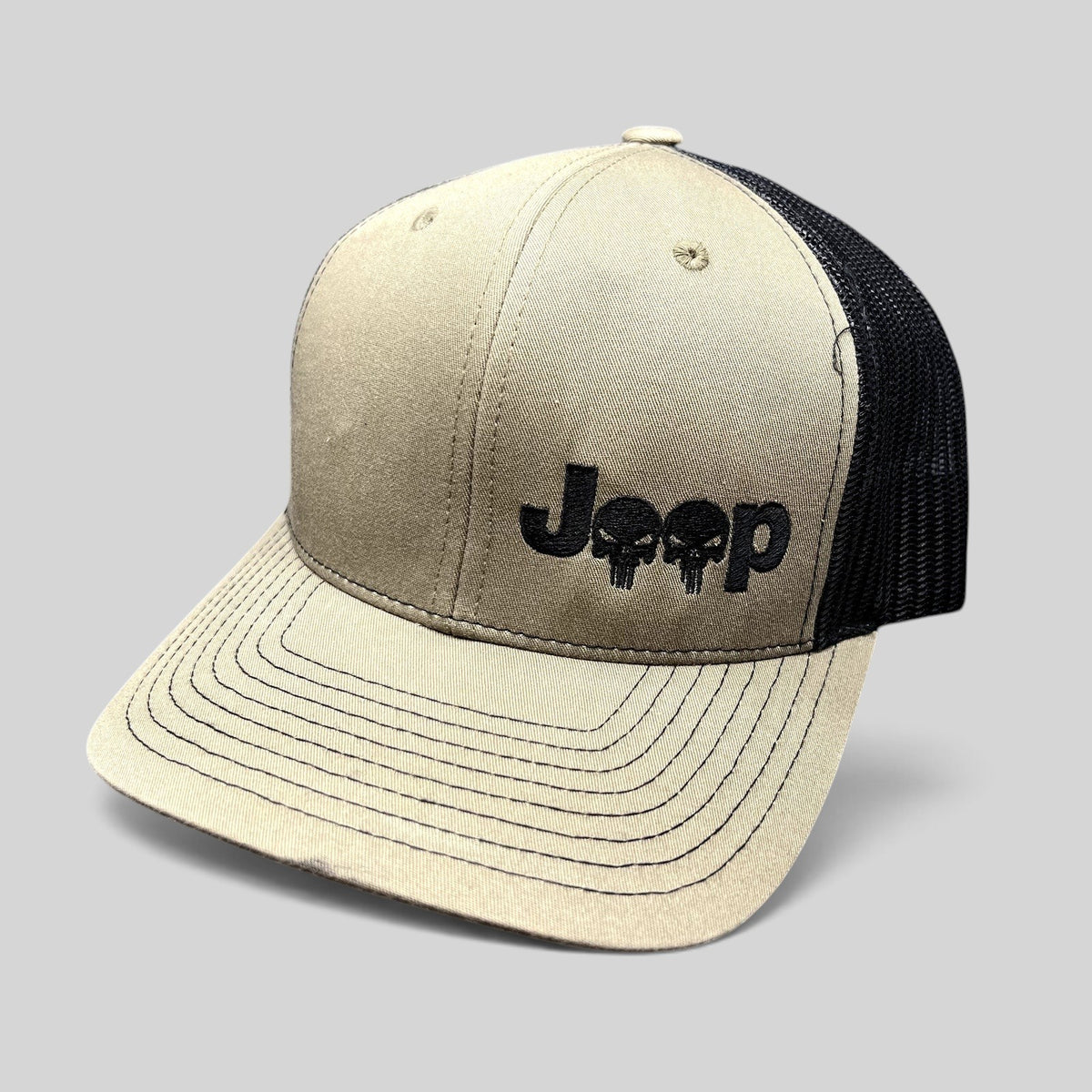 Raree Finds olive and black Richardson 112 trucker hat with embroidered Jeep Punisher skull logo and snapback closure.