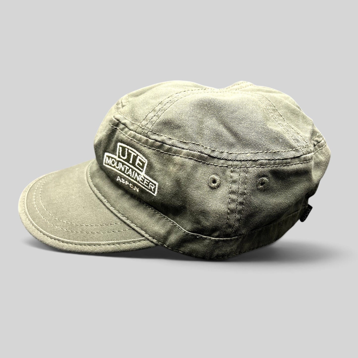 Raree Finds vintage olive green cotton cadet cap with Yute Mountaineer Aspen embroidery and curved brim