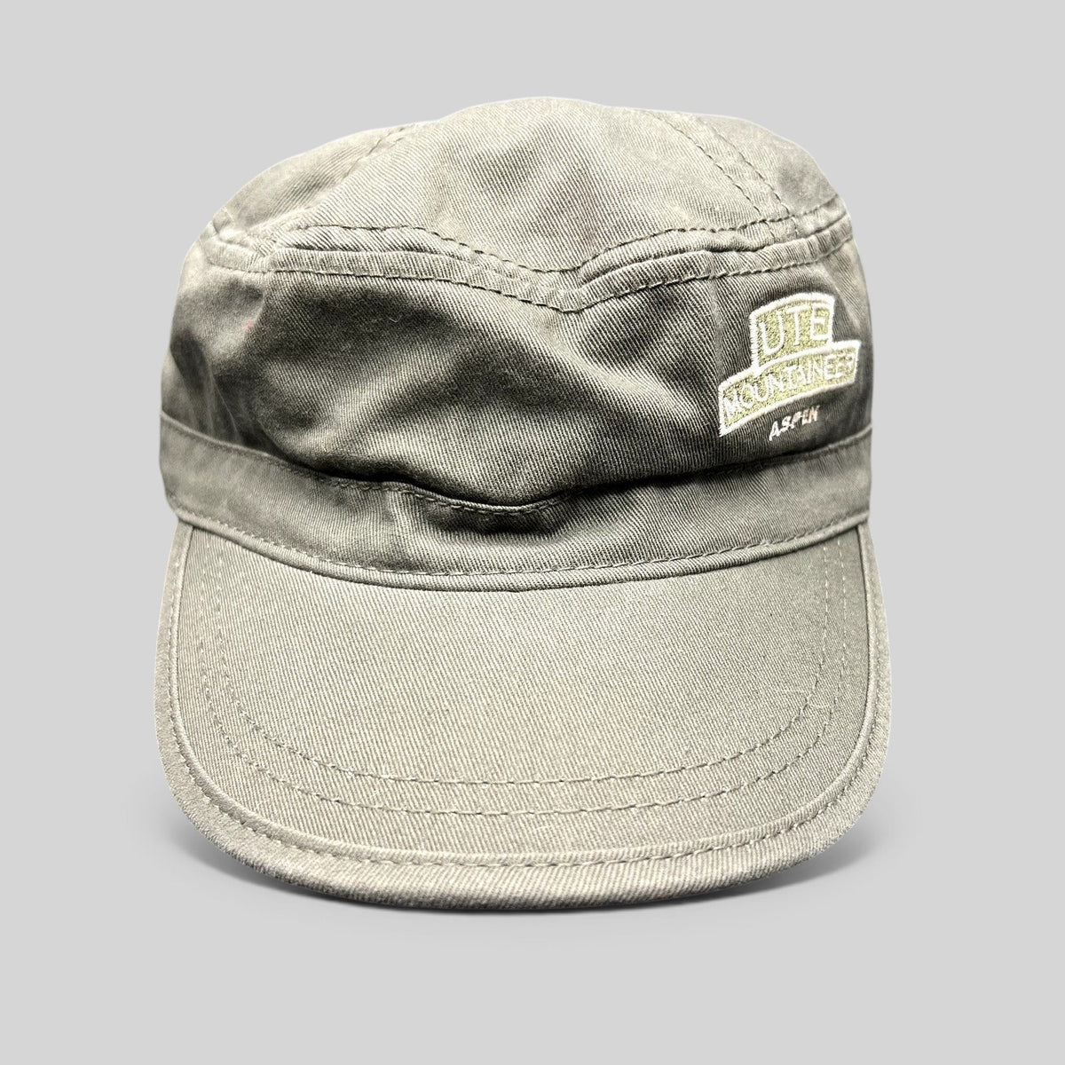 Raree Finds olive green cotton cadet cap with Yute Mountaineer Aspen embroidery and a curved brim