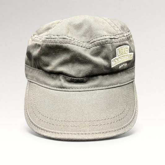 Raree Finds olive green cotton cadet cap with Yute Mountaineer Aspen embroidery and a curved brim