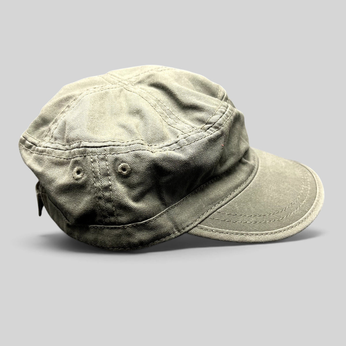 Raree Finds vintage olive green cotton cadet cap with a structured crown and curved brim in a military field style.