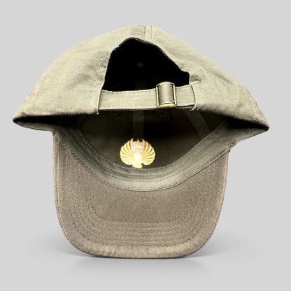 Raree Finds Pacific Rim Uprising olive cotton strapback hat with brass buckle and gold Jaeger Pilot interior detail