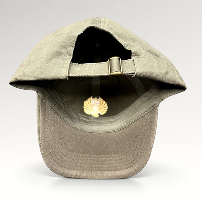 Raree Finds Pacific Rim Uprising olive cotton strapback hat with brass buckle and gold Jaeger Pilot interior detail